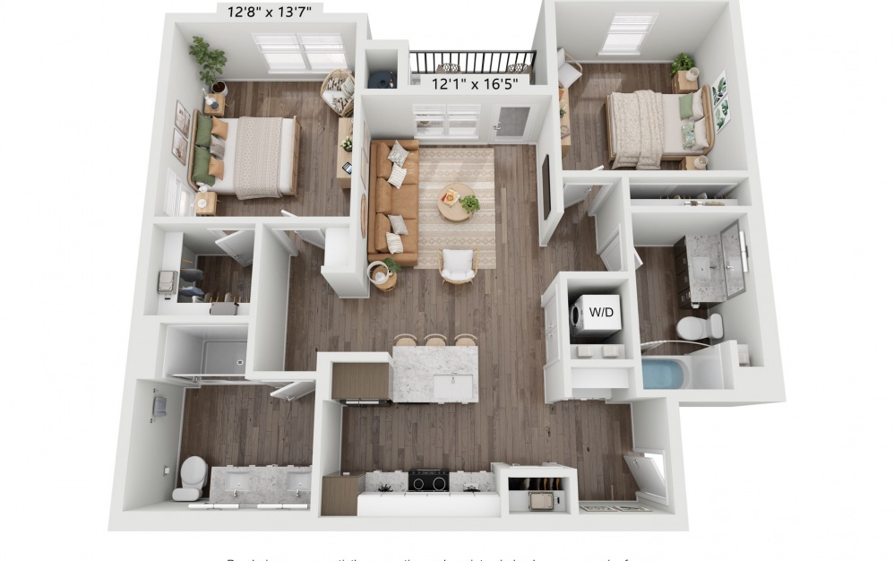 B2-A - 2 bedroom floorplan layout with 2 baths and 1043 square feet. (2D)