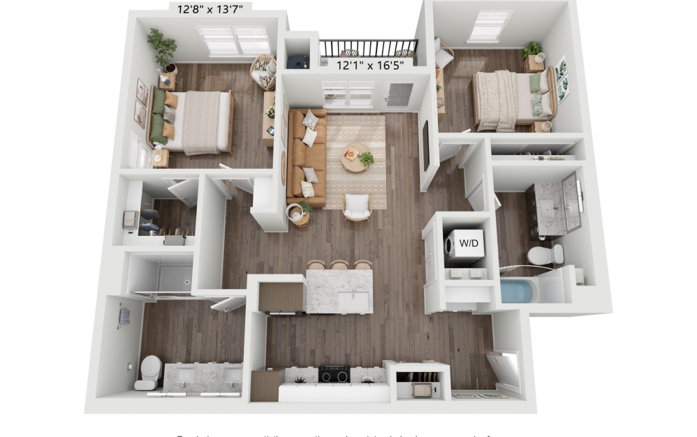 B2-A - 2 bedroom floorplan layout with 2 bathrooms and 1043 square feet (3D)